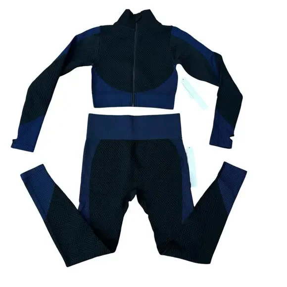 New Mix Zip Up Cropped Active Top & High Waist Leggings Set Black & Blue Size S - Picture 4 of 6
